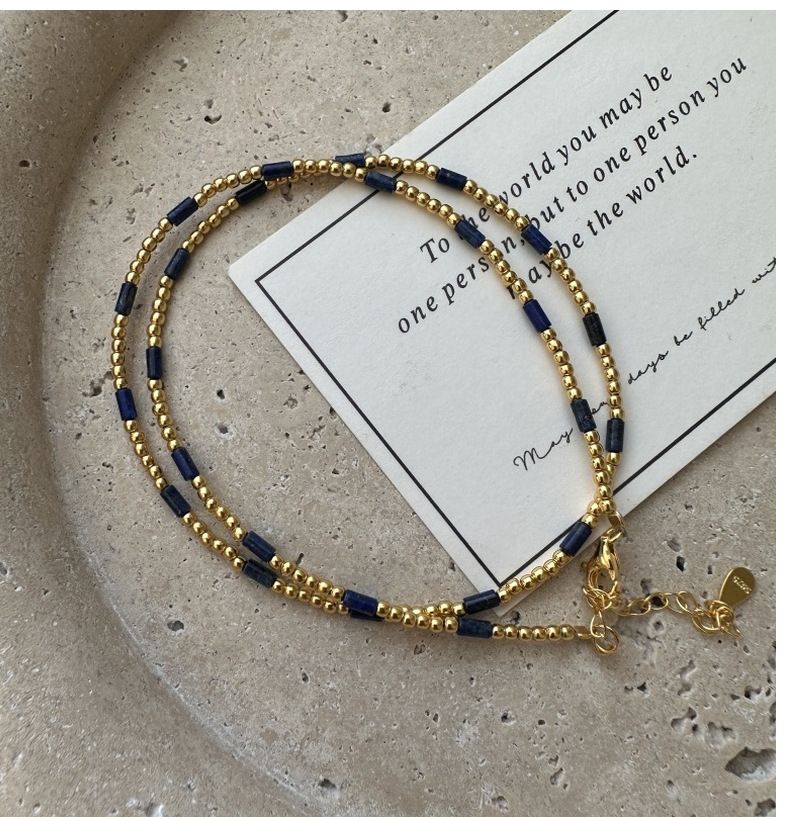 Collana di perline placcata oro in lapislazzuli semplice e leggera in argento S925, stile retrò, personalizzata, con catena di base primaverile_voghion.com