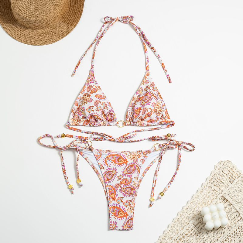 Women’s Clothing New Sexy Printed Backless Split Swimsuit Female Lace Up Three Ring Bikini_voghion.com
