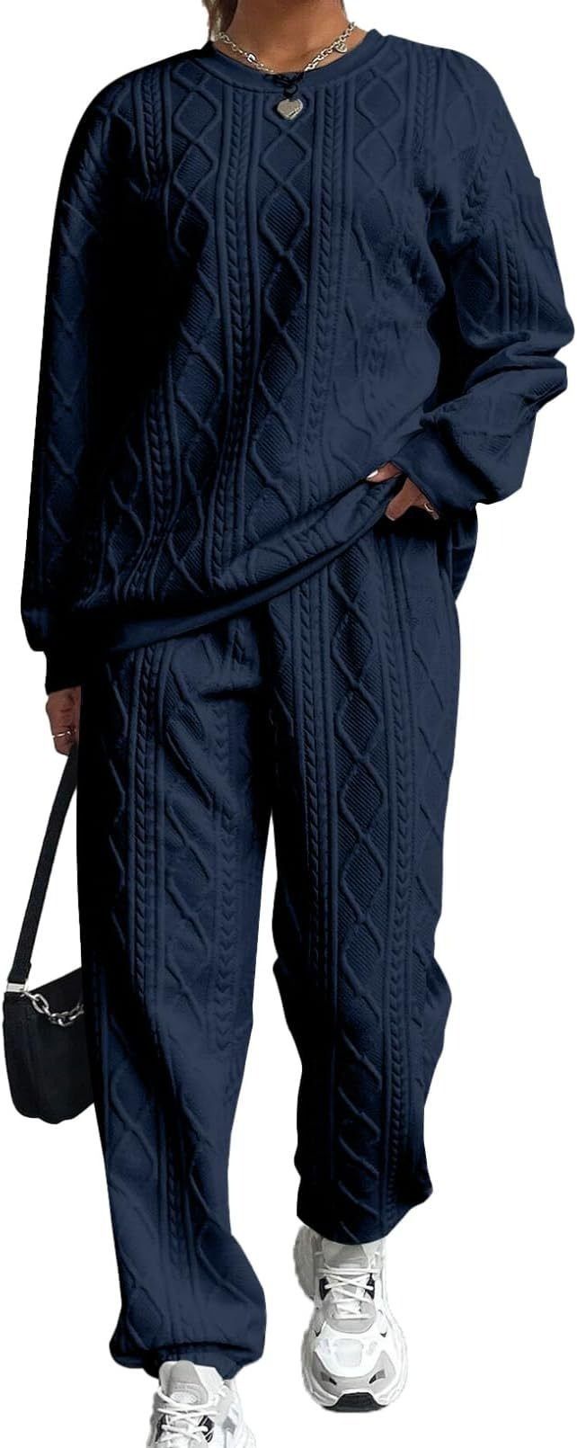 Conjuntos de duas peças femininos, conjunto de calças combinando, gola redonda, manga comprida, tops, calças compridas, elegante, cós elástico, casual 2025_voghion.com