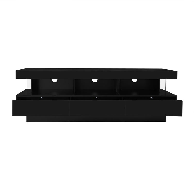 Meuble TV noir brillant 160 x 38 x 50,5 cm avec 3 étagères en verre, éclairage LED, contrôle par application et connectivité Bluetooth pour téléviseur 70 pouces._voghion.com
