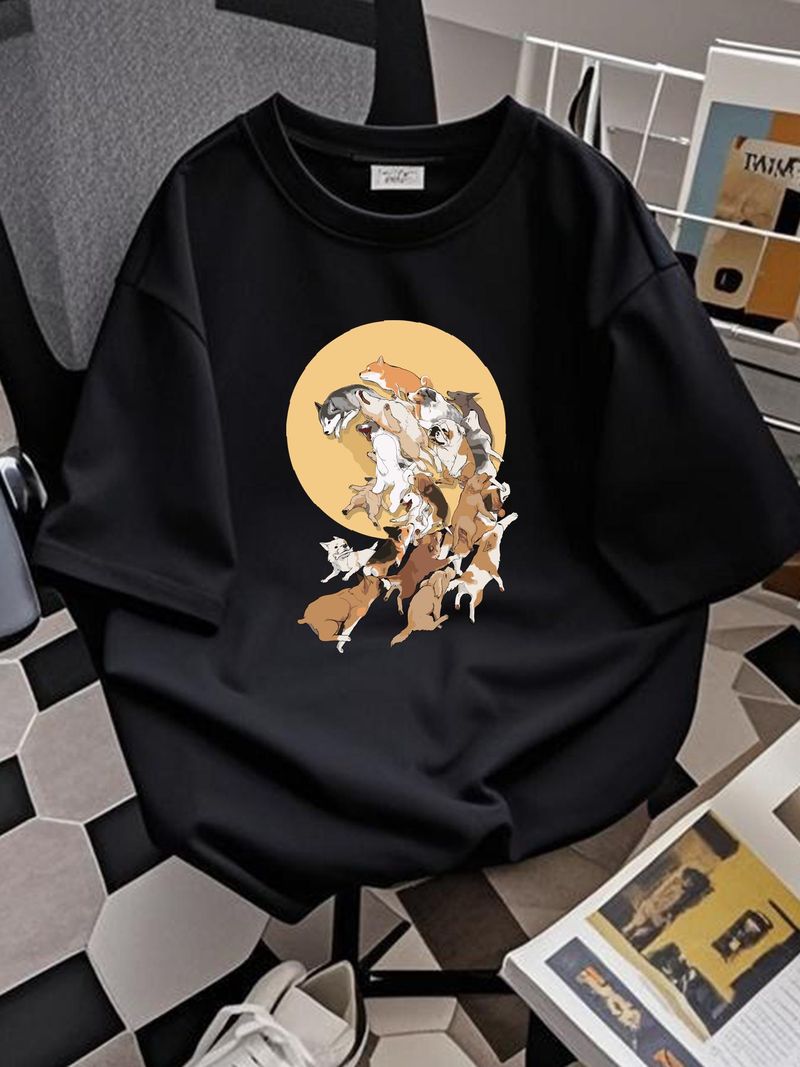 Dog Wave Sketchbook Series Herren-T-Shirt in Schwarz, japanischer Stil, Kunst, süße Grafik, Unisex, stylische Designerkleidung, atmungsaktiv, vielseitig einsetzbar_voghion.com