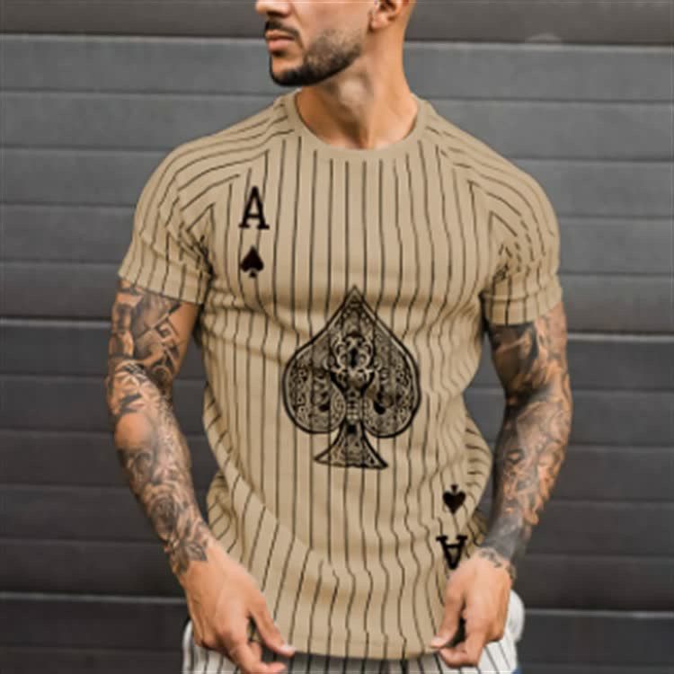 Maglietta leggera da uomo a maniche corte con scollo rotondo casual, a righe e stampa 3D, con asso di picche, estate 2024_voghion.com