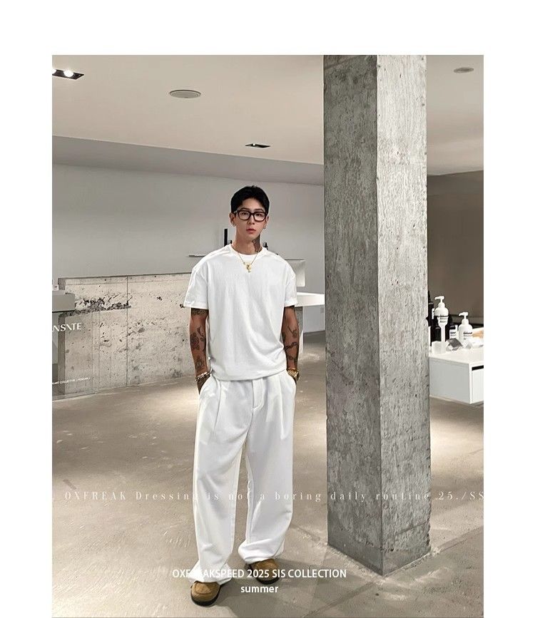 Pantaloni larghi da uomo, bianchi, a pieghe singole, in tessuto antirughe e drappeggiato, stile casual, Lao Qianfeng_voghion.com