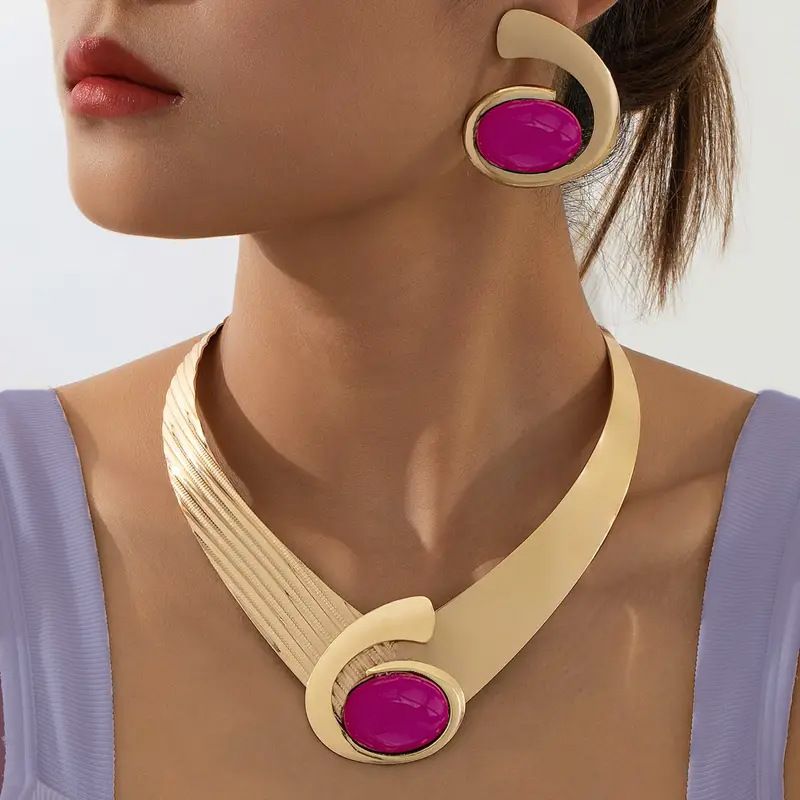 1 Of Charming Elegant Inlaid Acrylic Earrings And Necklace Set With Exaggerated Design_voghion.com