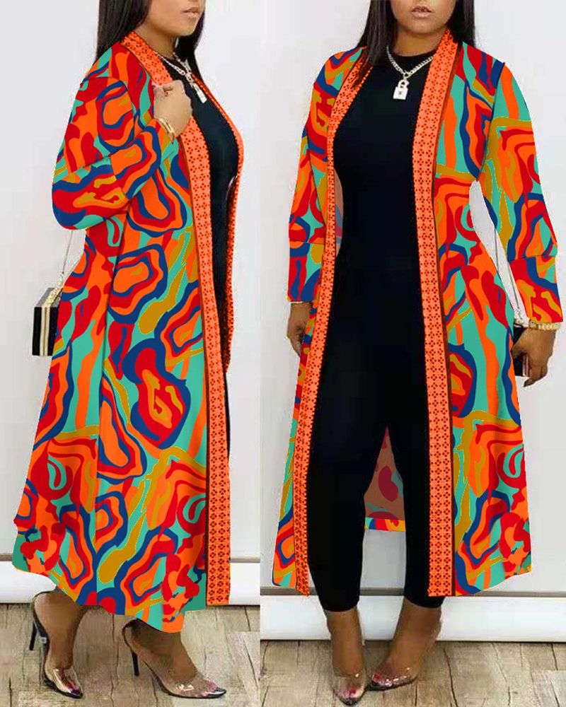 Women's Autumn New Long Sleeve Cardigan Unique Printed Shawl Trench Coat_voghion.com