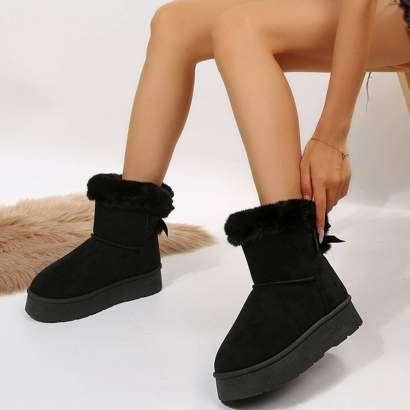Agregue vellón y botas de nieve gruesas a los zapatos de algodón con lazo peludo de suela gruesa sin cordones del invierno 2024_voghion.com