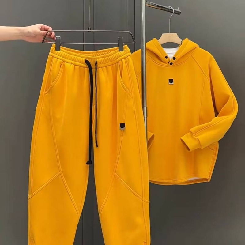 Costum sport casual pentru bărbați, costum de toamnă și iarnă la modă, plus catifea, costum sport casual pentru bărbați, hanorac cu glugă lejeră și pantaloni de trening, costum din două piese_voghion.com