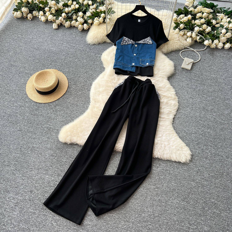 Women's Casual Summer Outfit Set - Denim Patch Short Sleeve Top + High Waist Wide Leg Pants, Two-Piece Matching Set_voghion.com