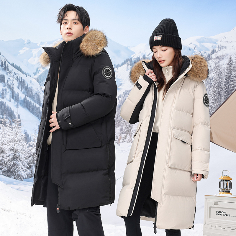 "Arctic-Proof Long Down Coat – White Goose Feather Filled, Windproof Thermal Jacket For Couples (Detachable Hood, Slim Fit, Zippered Pockets)"_voghion.com
