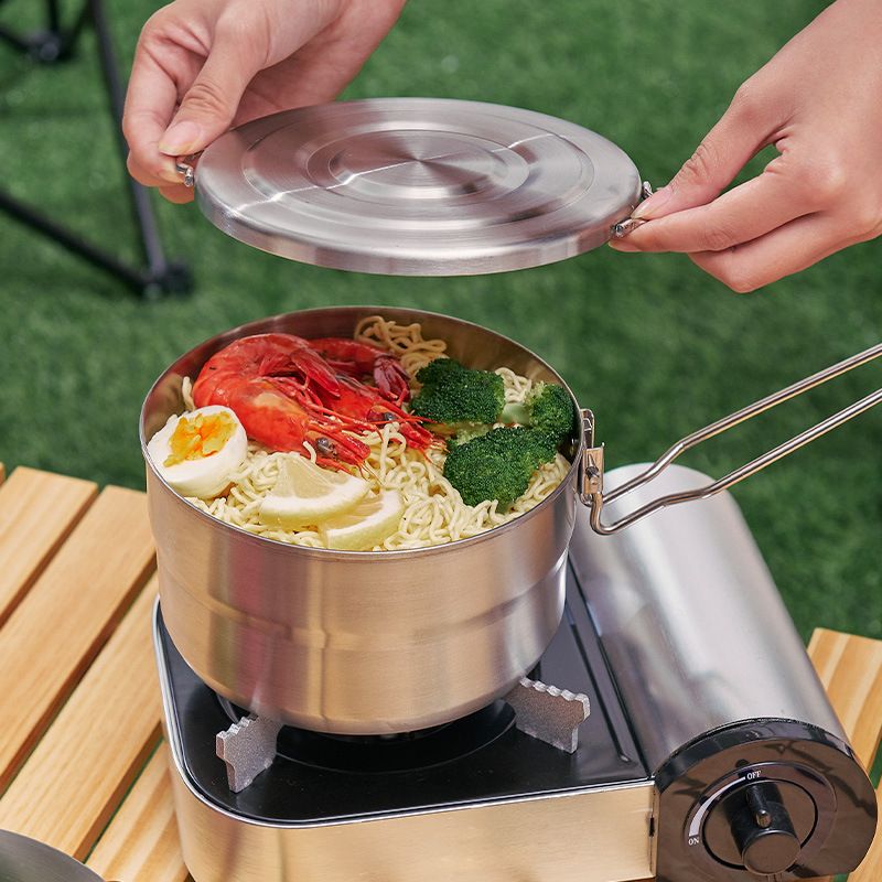304 Stainless Steel Camping Cookware Set - Portable Folding Handle Pot For Hiking/Picnic (Multi-Functional Outdoor Cooking Kit)_voghion.com