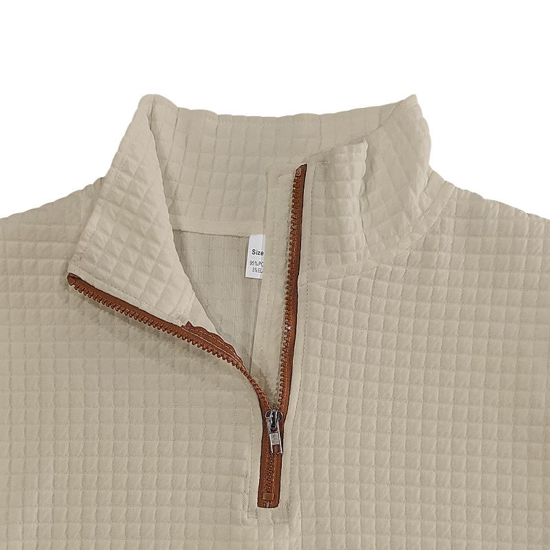 American Style Autumn Winter Men's Casual Sweatshirt Jacquard Small Square Embroidery Patchwork Stand Collar Loose Top_voghion.com