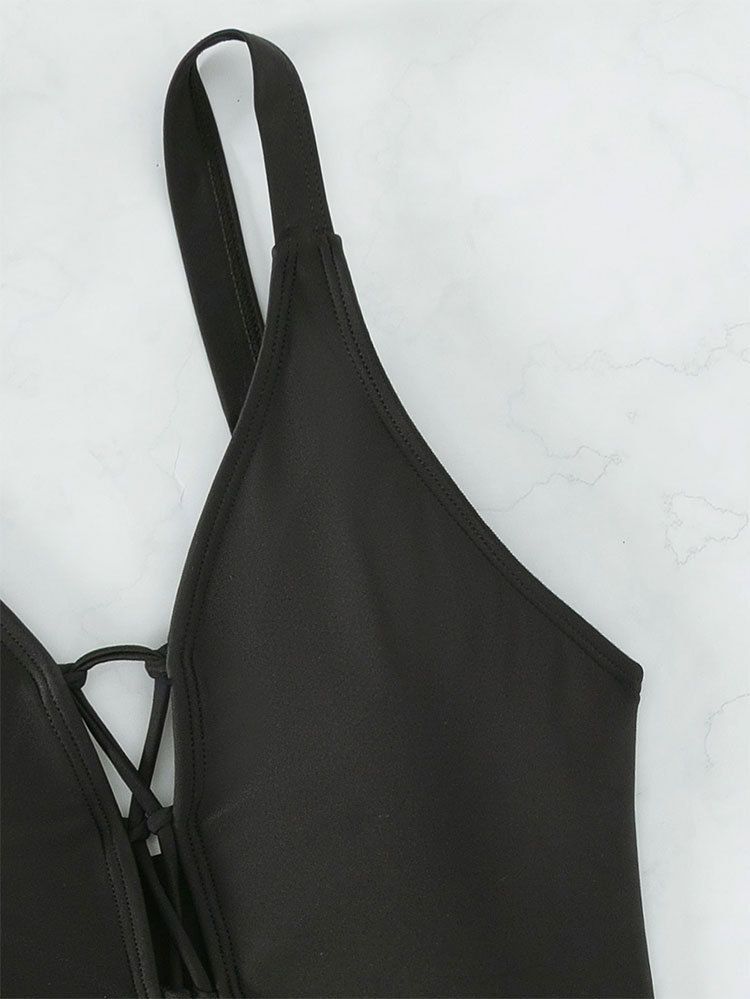 Damenbekleidung neuer konservativer einteiliger Badeanzug für Damen, einfarbig, mit Kordelzug, ausgehöhlter, enger Strandbadeanzug_voghion.com