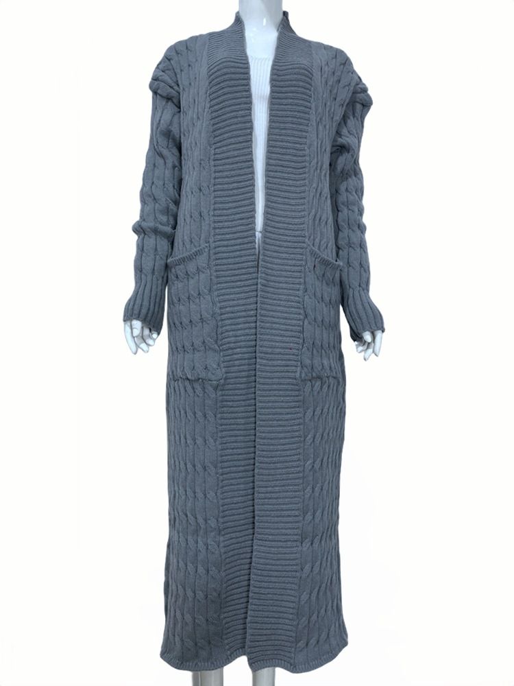 Damen-Strickpulloverjacke mit langen Ärmeln, lockerer langer Strickjacke_voghion.com