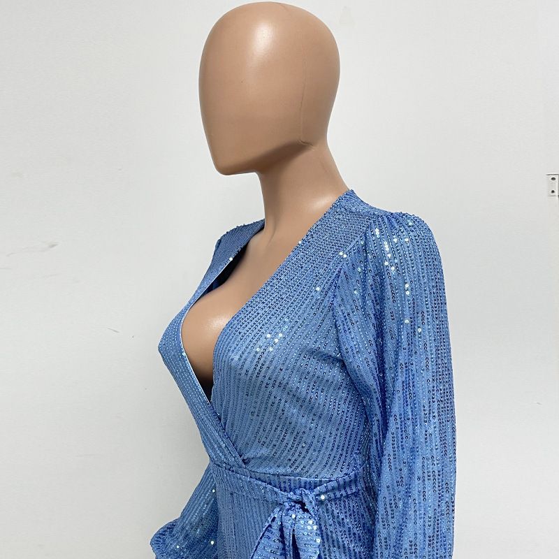 Damkläder Ins Style Deep V Mode Casual Jumpsuit Långärmat Bälte Paljett Jumpsuit Dam_voghion.com