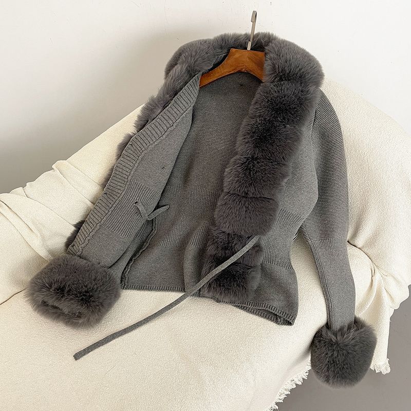 Damenbekleidung Herbst und Winter Strickpullover Pelz Knopfleiste Manschetten Abnehmbarer Strickpullover_voghion.com