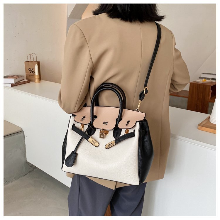 Large Capacity Platinum Bag, Retro And Fashionable Handbag, Women's New Lychee Pattern Contrasting Color Single Shoulder Crossbody Bag_voghion.com