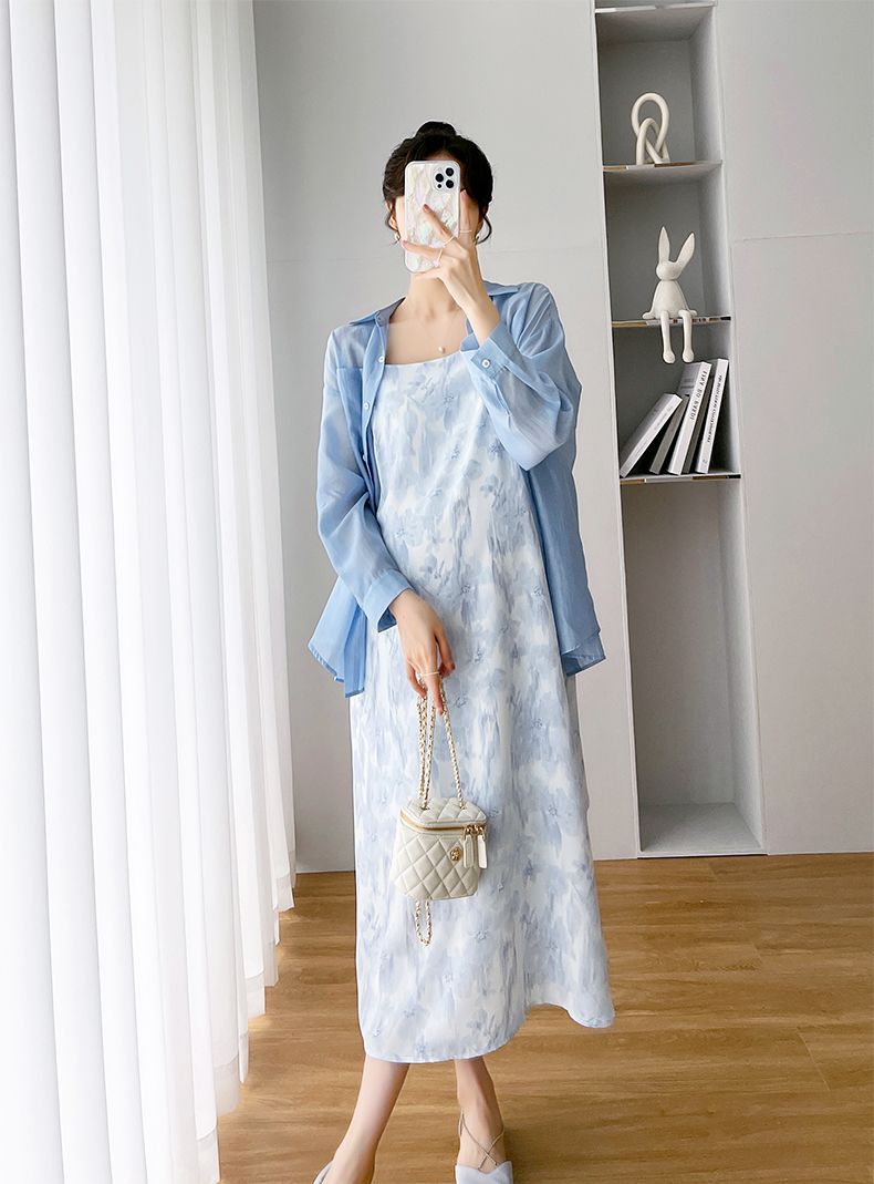 Completo da donna incinta, abito in chiffon con gonna e bretelle, camicia in tencel, abbigliamento con protezione solare, set due pezzi primaverile_voghion.com