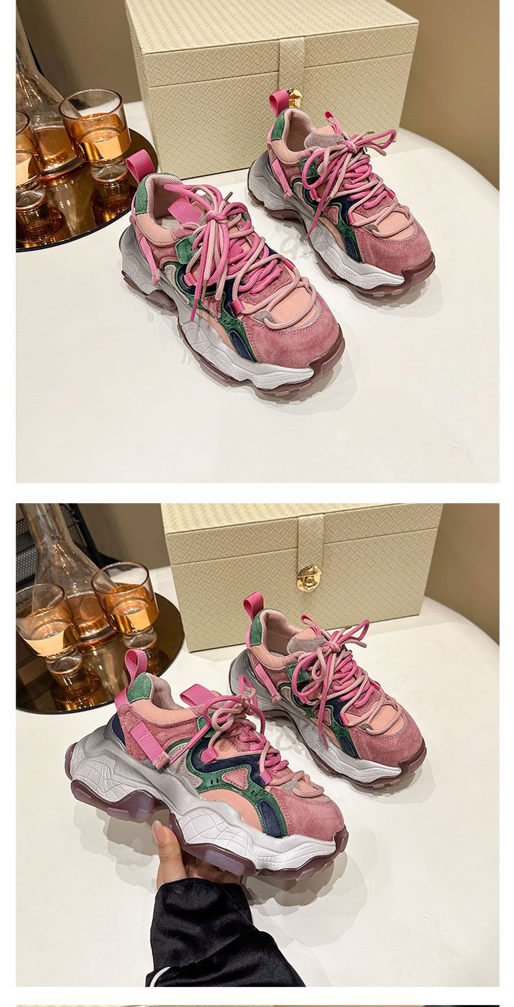 Trendy brand color blocking thick soled dad for women in early spring 2024, new anti plush leather small height_voghion.com