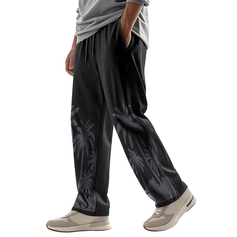 Men's Four Seasons Loose Breathable Hawaiian Print Cotton Linen Casual Sports Pants_voghion.com