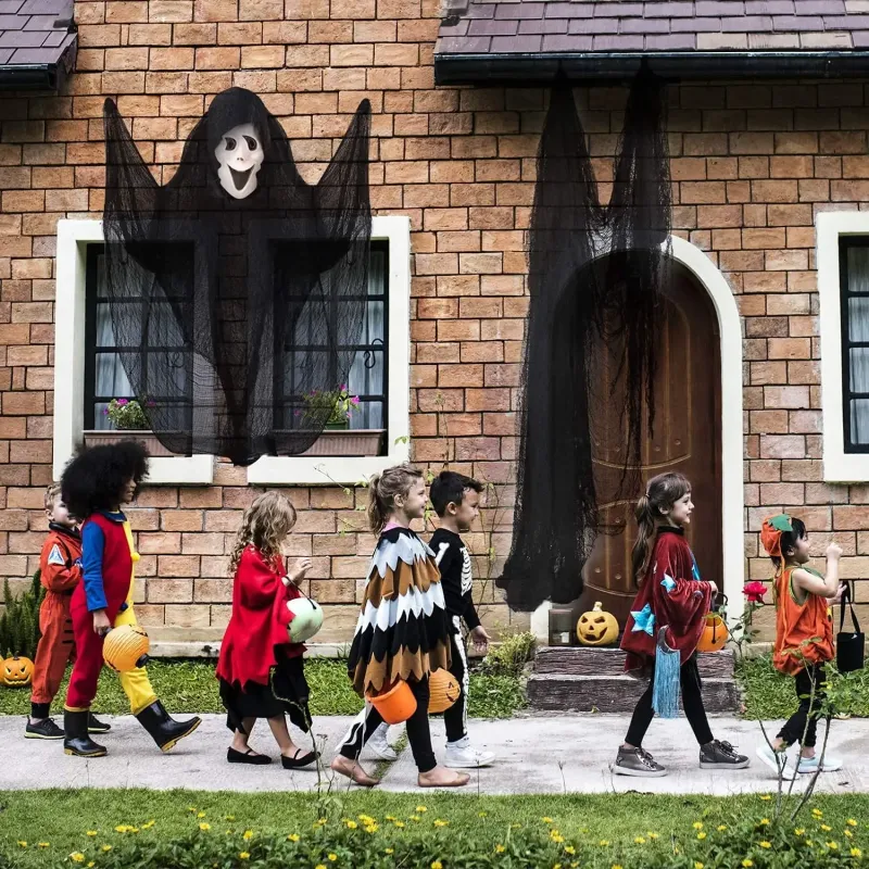 Décorations d'Halloween 76 x 183 cm, tissu de gaze noir effrayant pour fenêtre, table, porte, filet, déguisement effrayant, fête, maison hantée, décoration murale_voghion.com