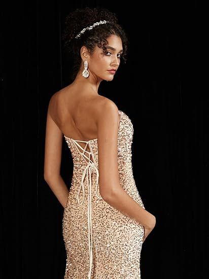 Women's Clothing Illusionary Sequins Back Tie Corset style Side Slit Tube Top Herringbone Evening Dress_voghion.com