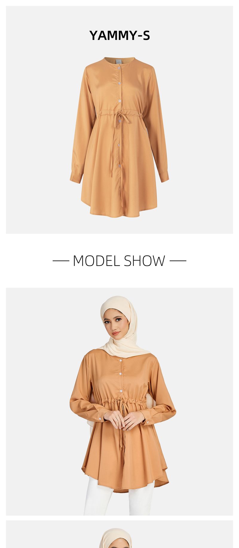 Abito camicia in chiffon tinta unita in vita musulmana asiatica da donna, top a maniche lunghe, abbigliamento da donna malese_voghion.com