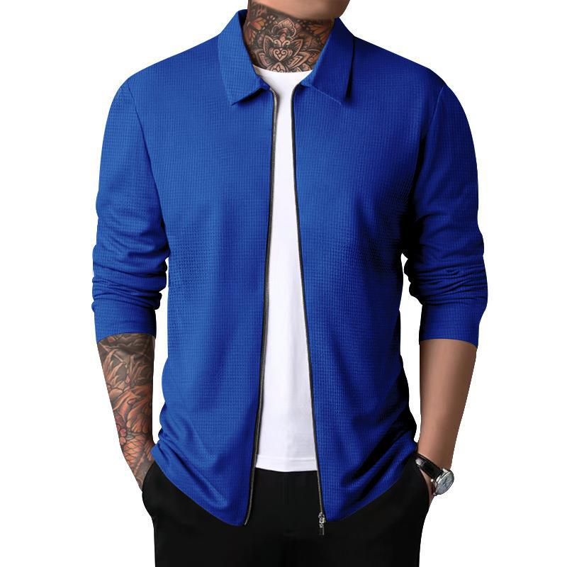 Neue Herren-Polojacke mit Waffelmuster und Reißverschluss, schmale Passform, Outdoor-Strickjacke, 5 Farben, großes Langarm-Oberteil_voghion.com