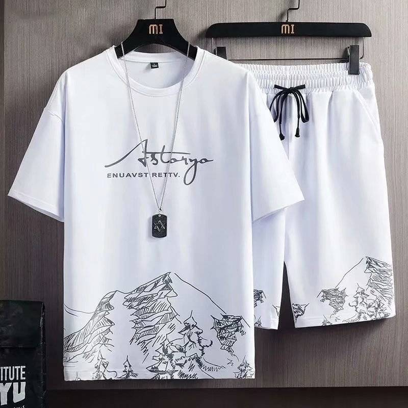 Men's Large Size Sports Leisure Suit Men's Loose Printed Short-Sleeved T-Shirt With Five-Point Shorts_voghion.com