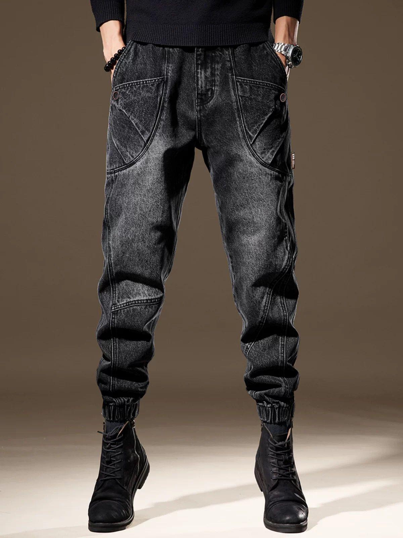 Abbigliamento da uomo Jeans jogger affusolati slim fit da uomo - Pantaloni in denim elasticizzato per abbigliamento casual da strada, elastico in vita in stile coreano (grigio scuro/blu)_voghion.com