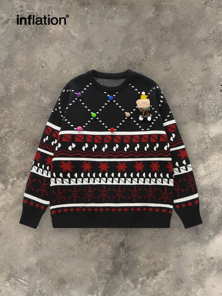 Cozy Christmas Sweater With Playful Doll Design - Oversized Knit Pullover For Women & Teens (Red, Cream, Black) - S/M/L/Xl_voghion.com