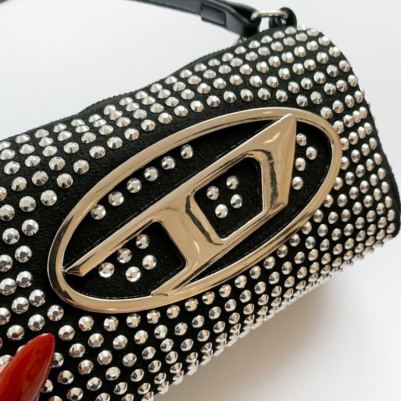 Bolso de hombro de lujo para mujer, con superficie brillante de metal, letras tachonadas, gran capacidad, cremallera, correa ajustable, multifunción, para uso diario, 17,5 x 7 x 10,5 cm._voghion.com