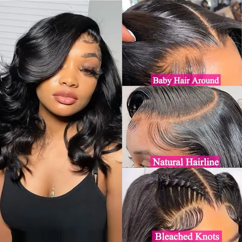 16 Inch Bob Wig Human Hair Body Wave HD Lace Frontal Wigs Pre Plucked for Women Natural Color_voghion.com