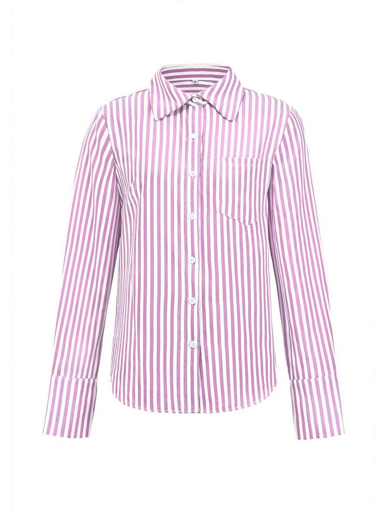 Damenbekleidung Frühling und Sommer Neues Revers Vertikal Gestreiftes Langarmhemd Button Shirt Top_voghion.com