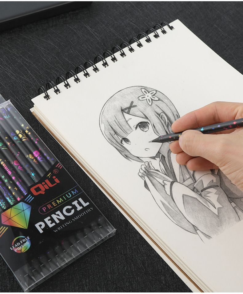 Zestaw 12 ołówków HB z brokatowym diamentem w kolorze czarnym, drewnianych, dla dzieci – kolorowe artykuły szkolne z nadrukami w kreskówkowe wzory_voghion.com