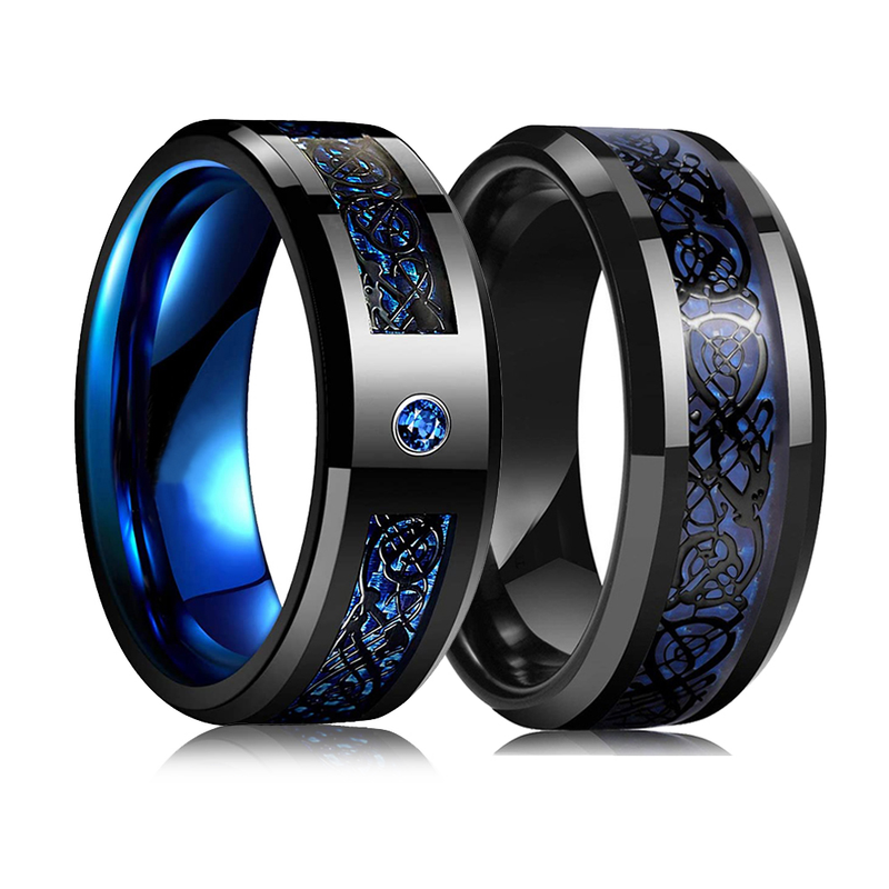 Hot Sales Hot Sales Fashion 8mm Black Tungsten Wedding Celtic Dragon Inlaid Zircon Punk Stainless Steel Blue Carbon Fibre Ring For Men_voghion.com
