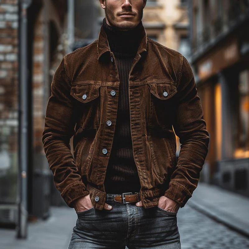 New autumn and winter men's pocket corduroy long sleeved striped lapel jacket_voghion.com
