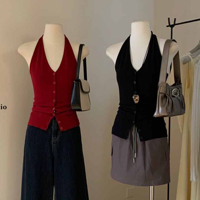 WGWE Backless Knitted Halter Neck Summer V-neck Pure Desire Style Slim Fit Red Elegant Simple Tank Top W5677_voghion.com