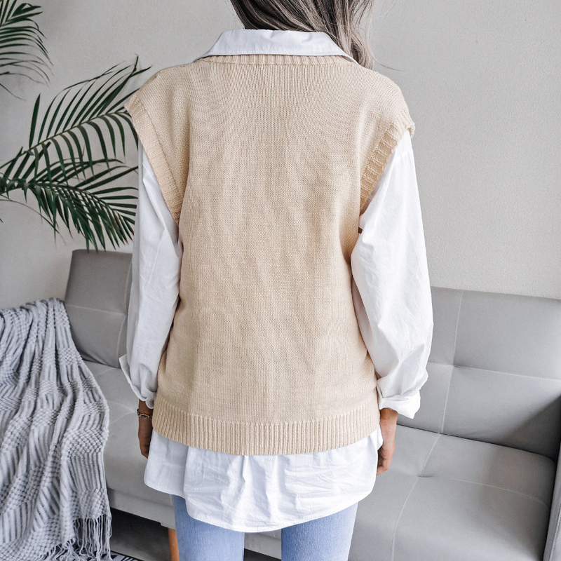 Pull tricoté à col en v pour femme, vêtement style Ins, ajouré et torsadé, collection automne et hiver 2023_voghion.com