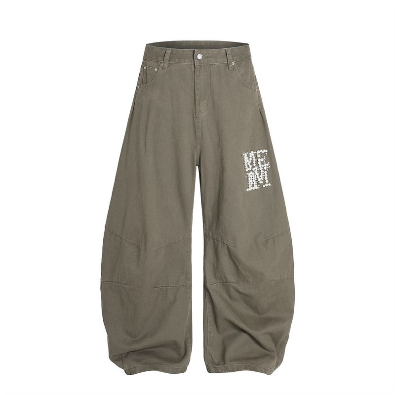 Amerikanischer Stil Perlendekorative Silhouette Scimitar Jeans Herren Loose Design Sense Street Trendy Brand Niche Wide Leg_voghion.com