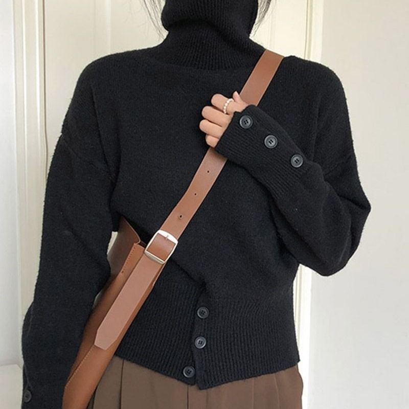 Maglione lavorato a maglia ampio con collo alto da donna - Pullover invernale morbido ed elegante in tinta unita_voghion.com