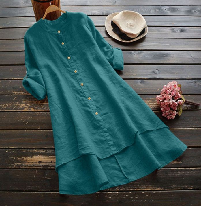 Women's Clothing Spring And Summer Solid Color Button Cotton And Linen Long Sleeve Long Shirt_voghion.com