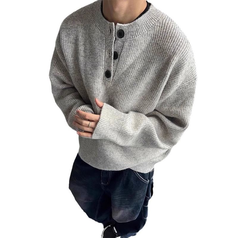 Pullover mit Henley-Kragen im amerikanischen Stil für Herren, Lazy Style für Frühling und Herbst, hochwertiger Strickpullover, Cleanfit-Jacke_voghion.com