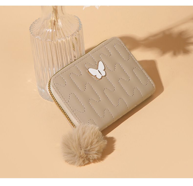 Women's Quilted Women's Wallet With Zipper & Fur Ball - Short Purse With Butterfly Charm (Minimalist & Versatile)_voghion.com