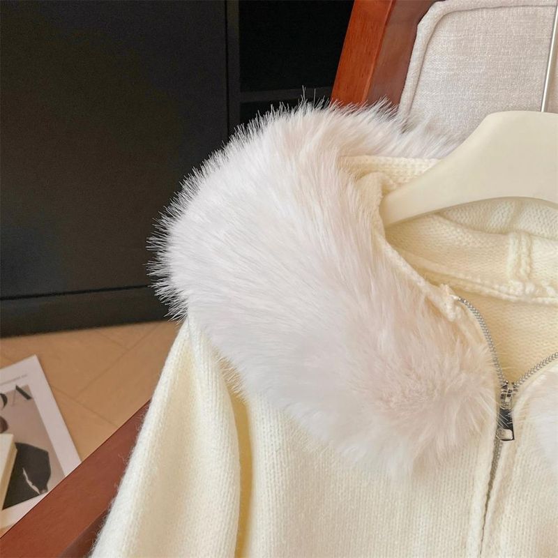 Zachte gebreide trui met capuchon voor dames - Comfortabele trui met lange mouwen, losse mouwen, pure kleur en ritsdetails, stedelijke forensenstijl (crème, kaki)_voghion.com