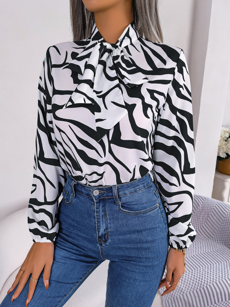 Blusa feminina com decote em v manga comprida estampa listrada casual solta camisa de trabalho elegante blusa de negócios_voghion.com