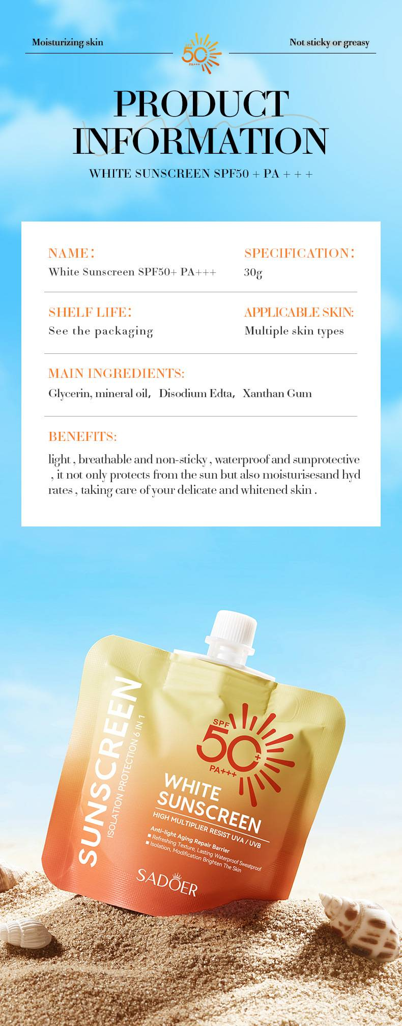 SPF50-aurinkovoide, valkaiseva voide, korkea aurinkosuoja, vedenpitävä, hikeä kestävä, UVA/UVB-suoja_voghion.com