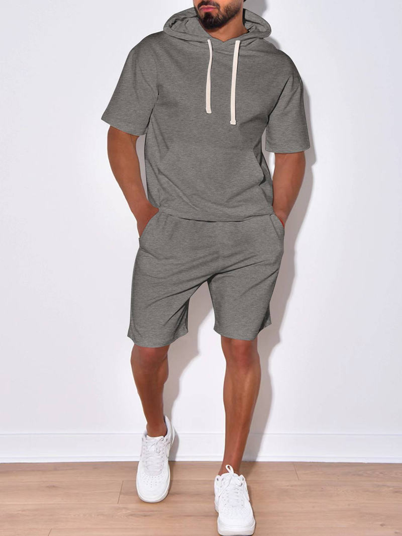 Nuovo prodotto 2025, abbigliamento sportivo casual da uomo europeo e americano, a maniche corte e pantaloncini, con cappuccio, tinta unita, due pezzi_voghion.com