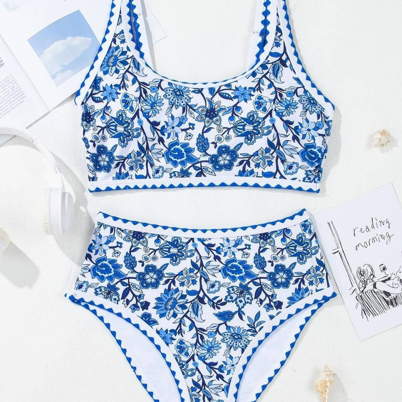 Conjunto de bikini de dos piezas con estampado floral para mujer, cintura alta, cuello redondo bajo_voghion.com