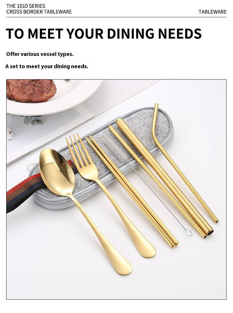 Élégant ensemble de couverts 7 pièces en acier inoxydable 1010 avec pochette en tissu de qualité supérieure – Idéal pour offrir (fourchette, couteau, cuillère, baguettes, paille, brosse)_voghion.com
