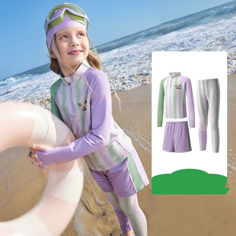 Completo da bagno per bambini con protezione UPF 50+: rash guard a maniche lunghe e costume da bagno per la protezione solare in spiaggia e alle sorgenti termali (blu brillante, verde muschio, viola nebbia)_voghion.com